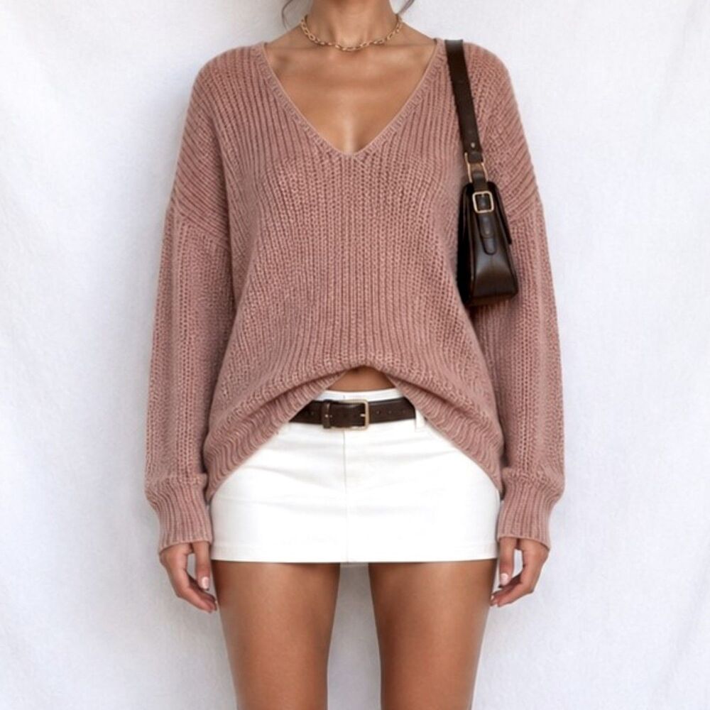 Vintage Y2K Salmon Pink V-Neck Long Puffy Sleeve Knit Oversized Sweater Size S/M